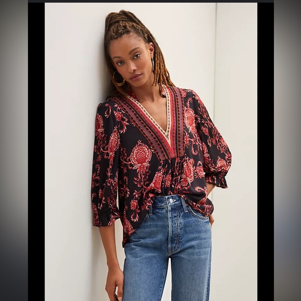 Anthropologie Black Blouse with Red Floral Print